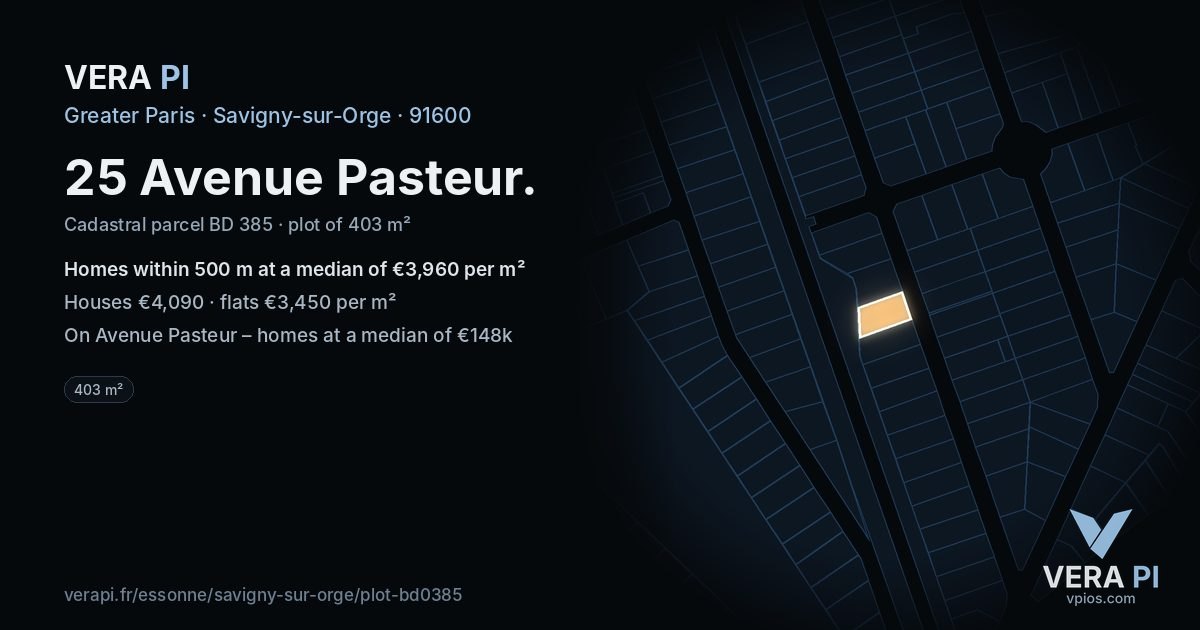25 Avenue Pasteur, Savigny-sur-Orge at night – the plot lit, the parcels around coloured by the prices near them