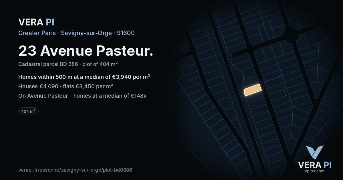 23 Avenue Pasteur, Savigny-sur-Orge at night – the plot lit, the parcels around coloured by the prices near them