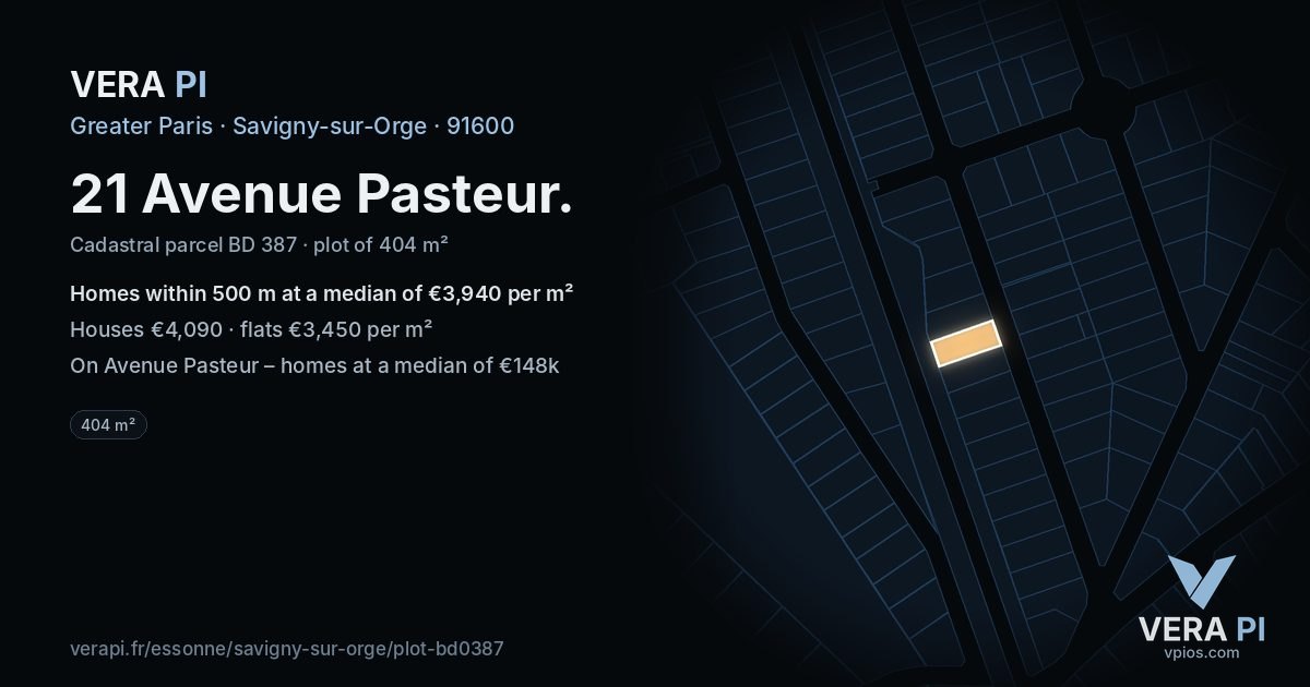 21 Avenue Pasteur, Savigny-sur-Orge at night – the plot lit, the parcels around coloured by the prices near them