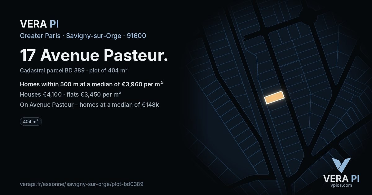 17 Avenue Pasteur, Savigny-sur-Orge at night – the plot lit, the parcels around coloured by the prices near them
