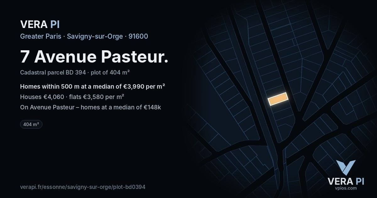 7 Avenue Pasteur, Savigny-sur-Orge at night – the plot lit, the parcels around coloured by the prices near them