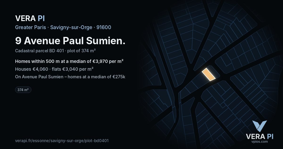 9 Avenue Paul Sumien, Savigny-sur-Orge at night – the plot lit, the parcels around coloured by the prices near them
