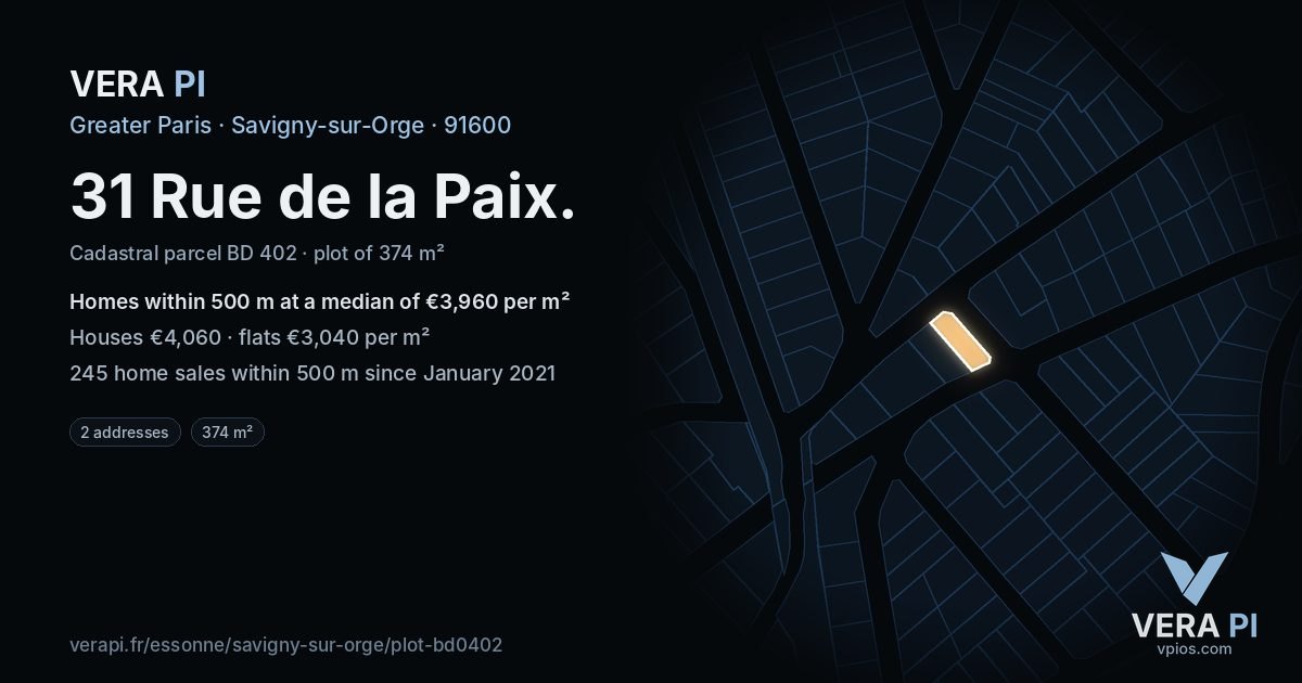 31 Rue de la Paix, Savigny-sur-Orge at night – the plot lit, the parcels around coloured by the prices near them