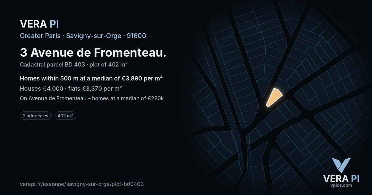 3 Avenue de Fromenteau, Savigny-sur-Orge at night – the plot lit, the parcels around coloured by the prices near them