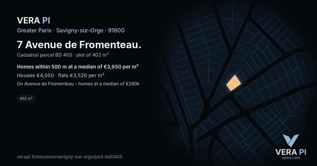 7 Avenue de Fromenteau, Savigny-sur-Orge at night – the plot lit, the parcels around coloured by the prices near them
