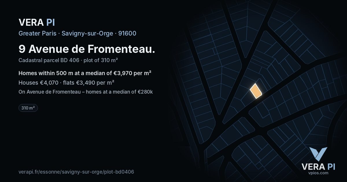9 Avenue de Fromenteau, Savigny-sur-Orge at night – the plot lit, the parcels around coloured by the prices near them