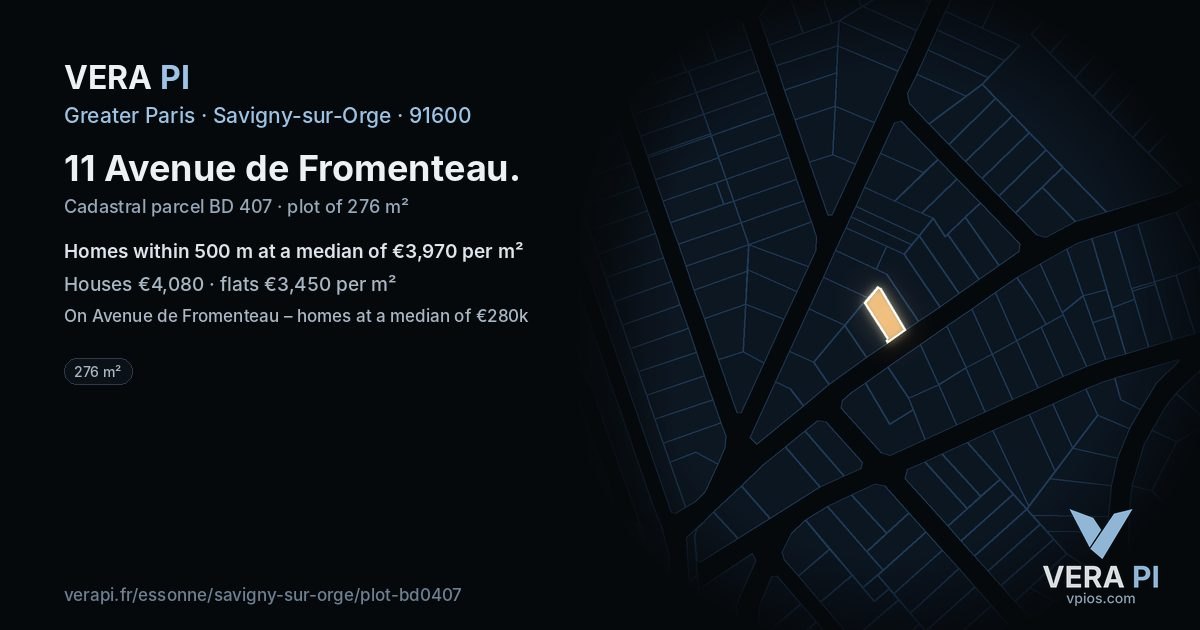 11 Avenue de Fromenteau, Savigny-sur-Orge at night – the plot lit, the parcels around coloured by the prices near them