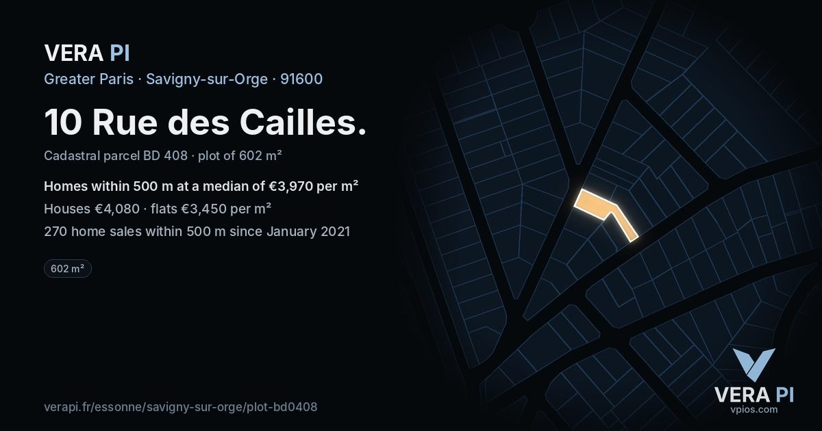 10 Rue des Cailles, Savigny-sur-Orge at night – the plot lit, the parcels around coloured by the prices near them
