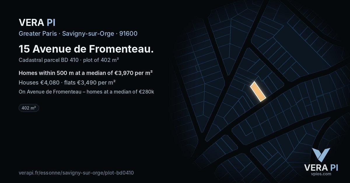 15 Avenue de Fromenteau, Savigny-sur-Orge at night – the plot lit, the parcels around coloured by the prices near them