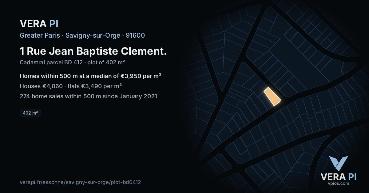 1 Rue Jean Baptiste Clement, Savigny-sur-Orge at night – the plot lit, the parcels around coloured by the prices near them