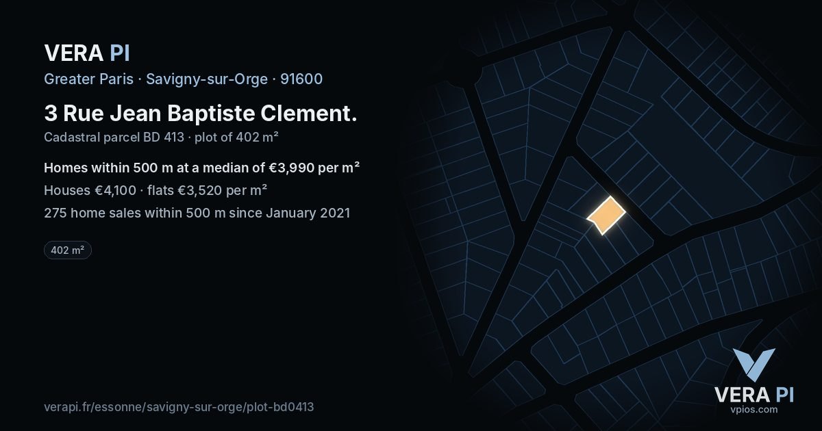 3 Rue Jean Baptiste Clement, Savigny-sur-Orge at night – the plot lit, the parcels around coloured by the prices near them