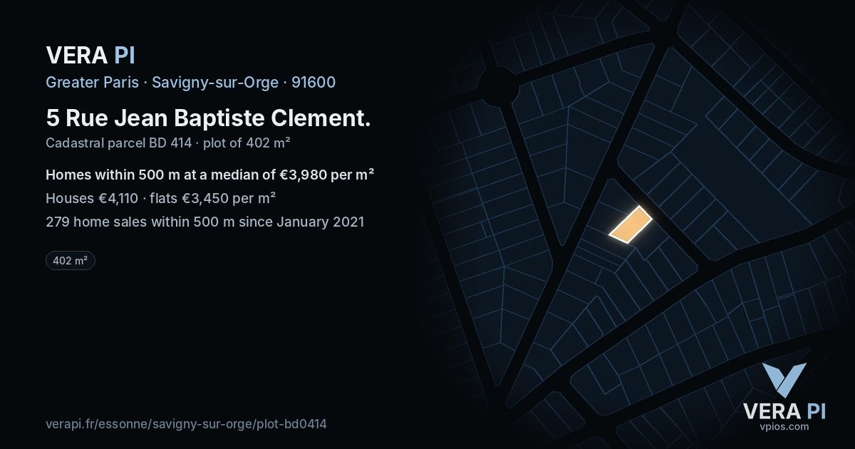 5 Rue Jean Baptiste Clement, Savigny-sur-Orge at night – the plot lit, the parcels around coloured by the prices near them