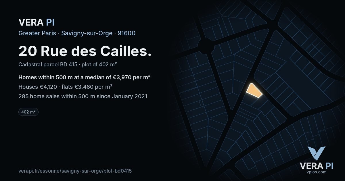 20 Rue des Cailles, Savigny-sur-Orge at night – the plot lit, the parcels around coloured by the prices near them