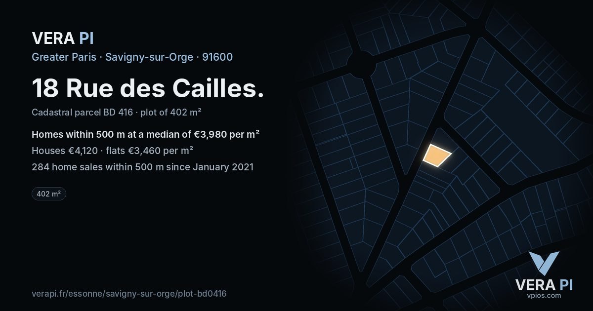 18 Rue des Cailles, Savigny-sur-Orge at night – the plot lit, the parcels around coloured by the prices near them