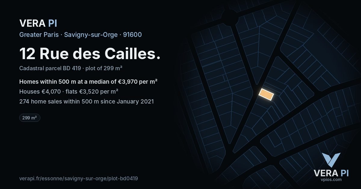 12 Rue des Cailles, Savigny-sur-Orge at night – the plot lit, the parcels around coloured by the prices near them