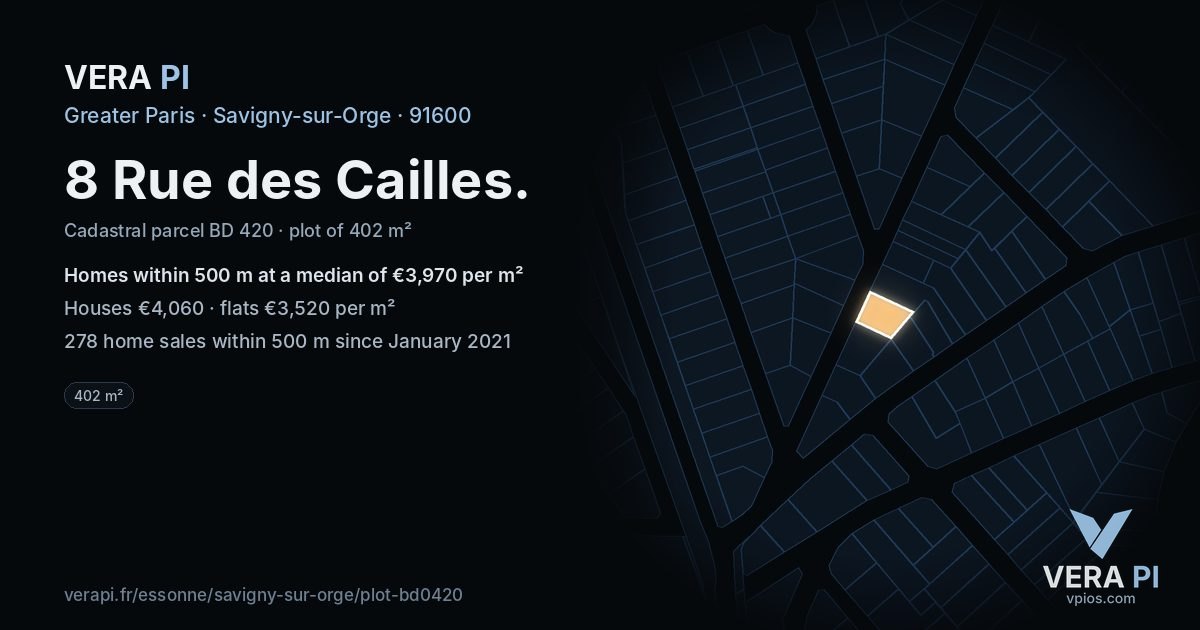8 Rue des Cailles, Savigny-sur-Orge at night – the plot lit, the parcels around coloured by the prices near them