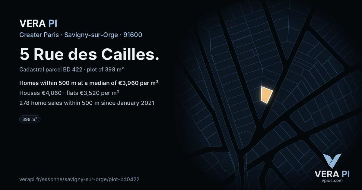 5 Rue des Cailles, Savigny-sur-Orge at night – the plot lit, the parcels around coloured by the prices near them