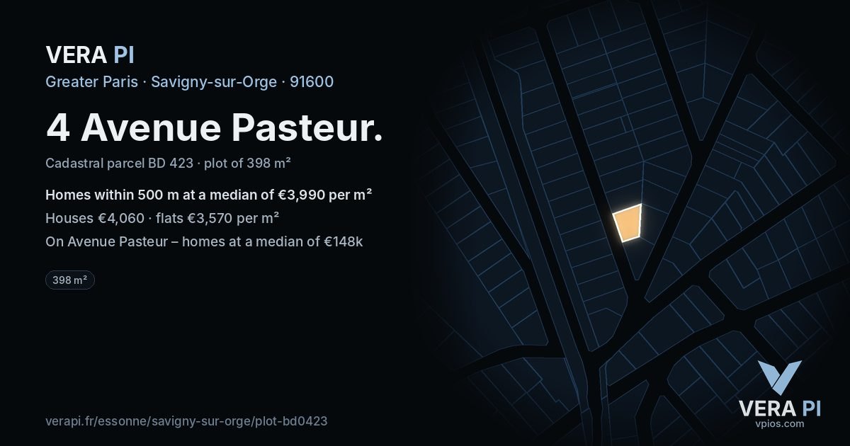 4 Avenue Pasteur, Savigny-sur-Orge at night – the plot lit, the parcels around coloured by the prices near them
