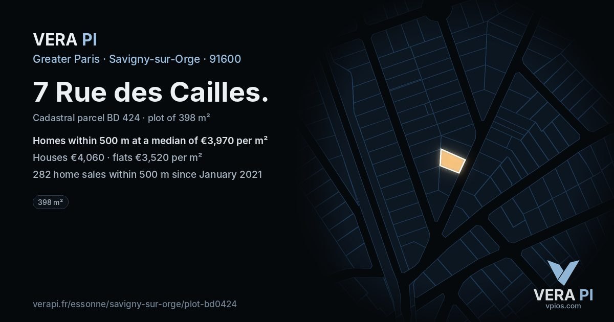 7 Rue des Cailles, Savigny-sur-Orge at night – the plot lit, the parcels around coloured by the prices near them