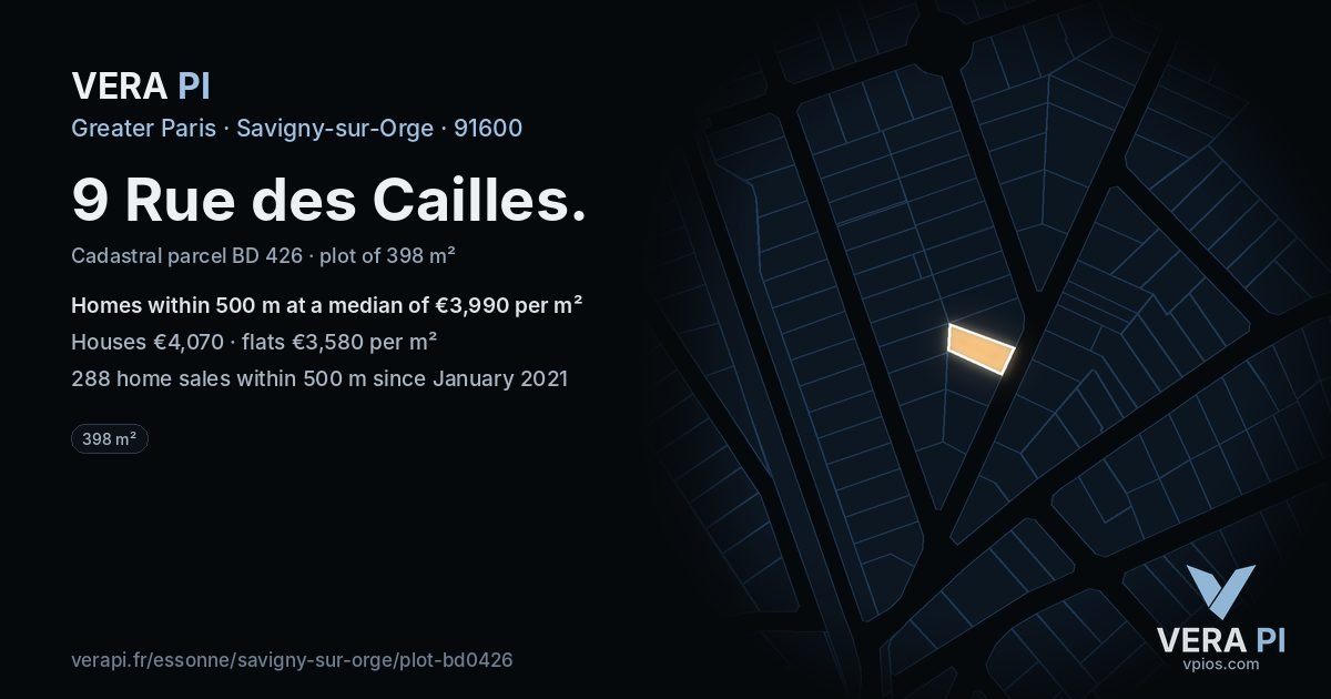 9 Rue des Cailles, Savigny-sur-Orge at night – the plot lit, the parcels around coloured by the prices near them