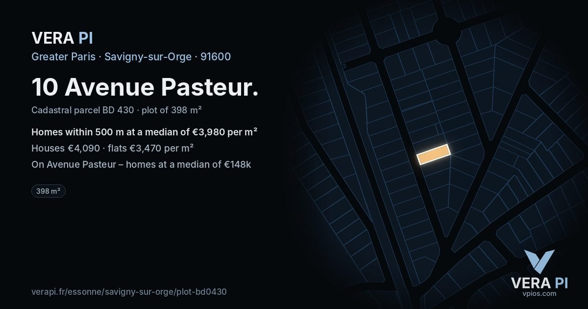 10 Avenue Pasteur, Savigny-sur-Orge at night – the plot lit, the parcels around coloured by the prices near them