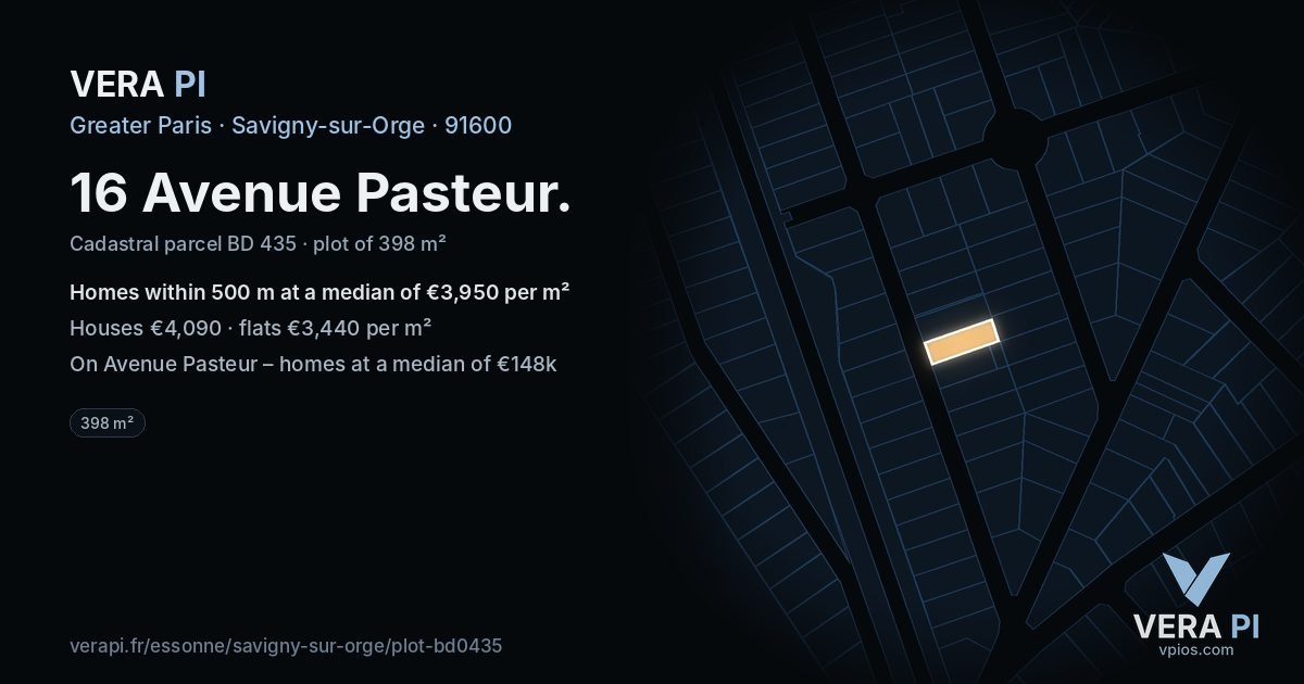 16 Avenue Pasteur, Savigny-sur-Orge at night – the plot lit, the parcels around coloured by the prices near them