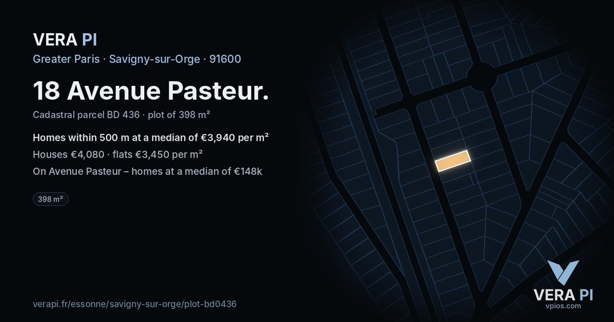 18 Avenue Pasteur, Savigny-sur-Orge at night – the plot lit, the parcels around coloured by the prices near them