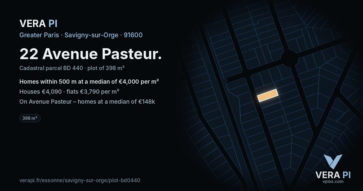 22 Avenue Pasteur, Savigny-sur-Orge at night – the plot lit, the parcels around coloured by the prices near them