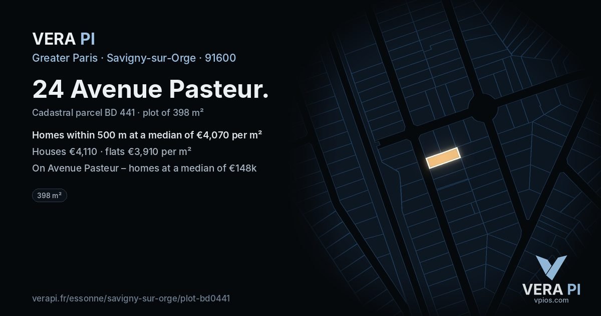 24 Avenue Pasteur, Savigny-sur-Orge at night – the plot lit, the parcels around coloured by the prices near them