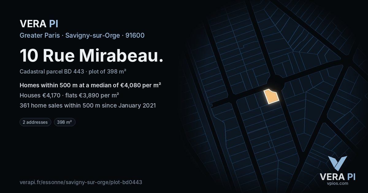 10 Rue Mirabeau, Savigny-sur-Orge at night – the plot lit, the parcels around coloured by the prices near them
