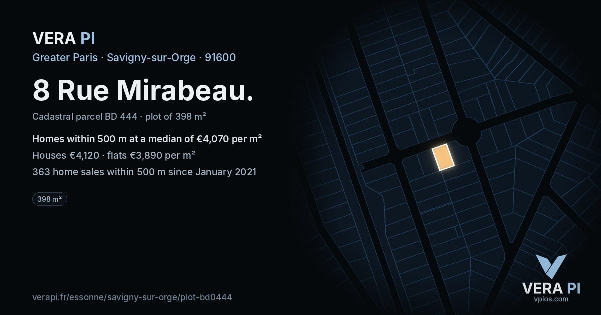 8 Rue Mirabeau, Savigny-sur-Orge at night – the plot lit, the parcels around coloured by the prices near them