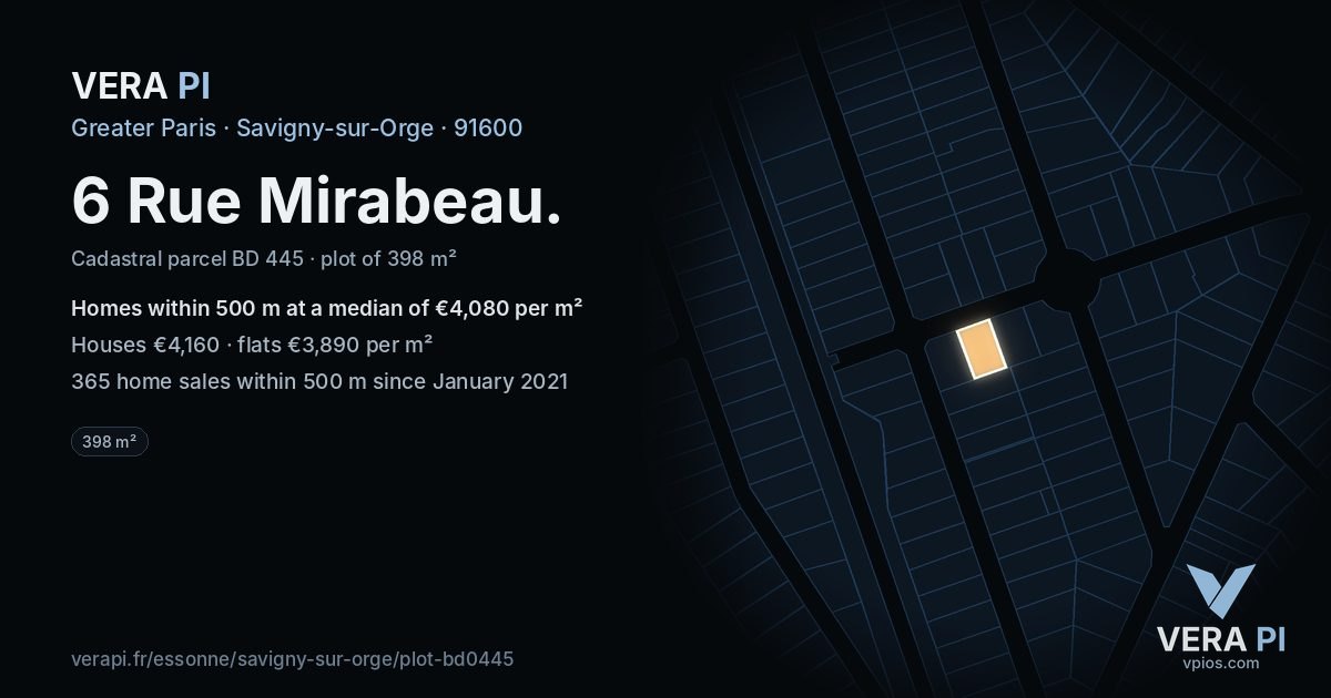 6 Rue Mirabeau, Savigny-sur-Orge at night – the plot lit, the parcels around coloured by the prices near them