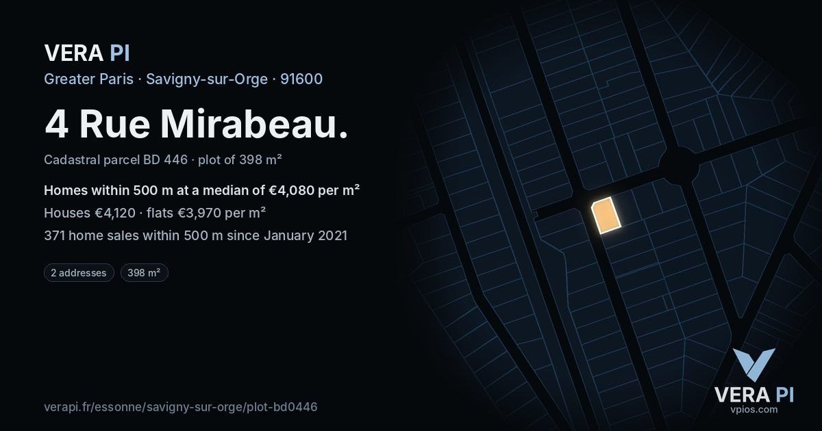 4 Rue Mirabeau, Savigny-sur-Orge at night – the plot lit, the parcels around coloured by the prices near them