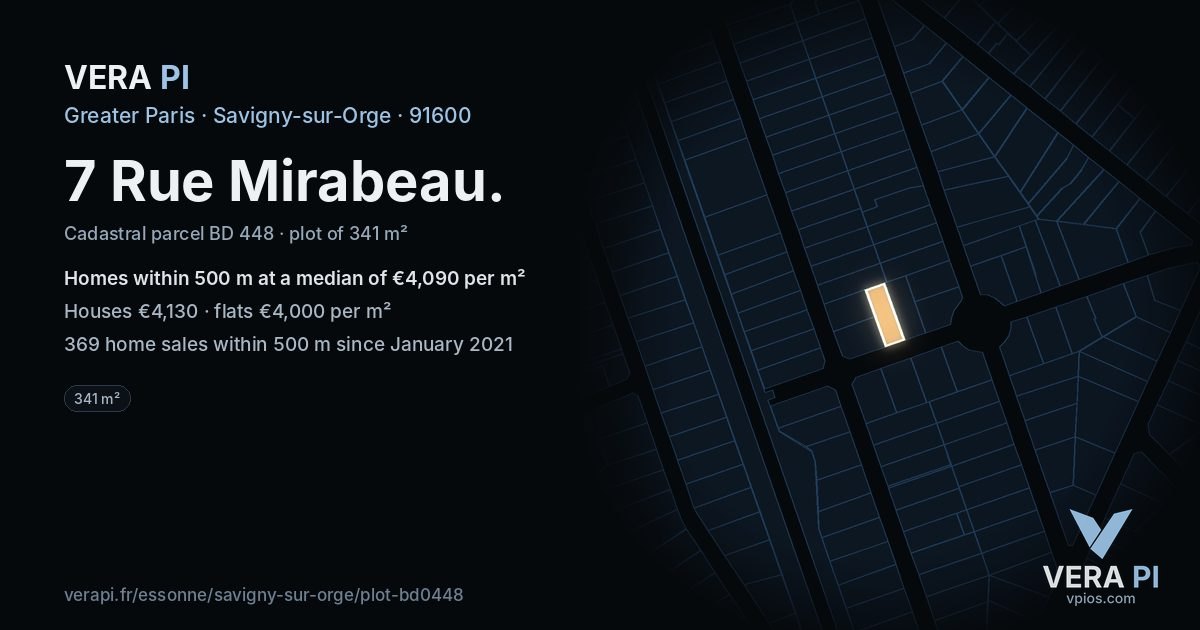 7 Rue Mirabeau, Savigny-sur-Orge at night – the plot lit, the parcels around coloured by the prices near them