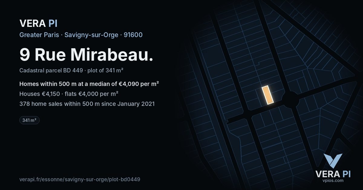9 Rue Mirabeau, Savigny-sur-Orge at night – the plot lit, the parcels around coloured by the prices near them