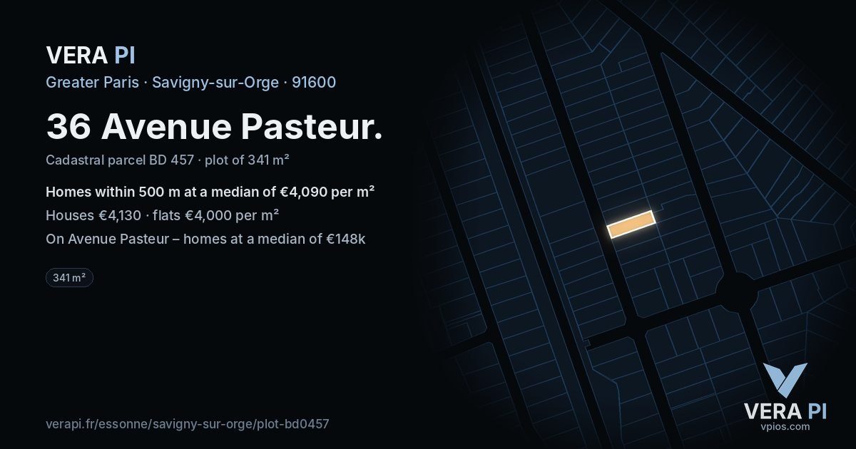 36 Avenue Pasteur, Savigny-sur-Orge at night – the plot lit, the parcels around coloured by the prices near them