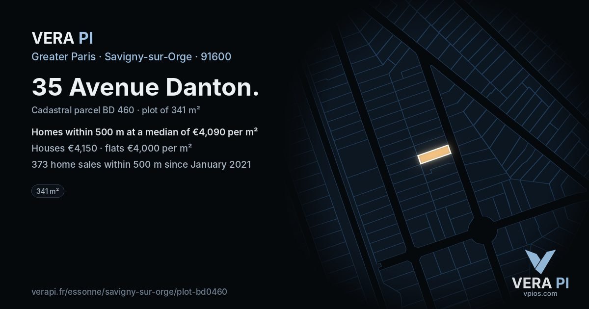 35 Avenue Danton, Savigny-sur-Orge at night – the plot lit, the parcels around coloured by the prices near them