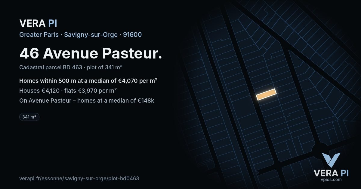 46 Avenue Pasteur, Savigny-sur-Orge at night – the plot lit, the parcels around coloured by the prices near them