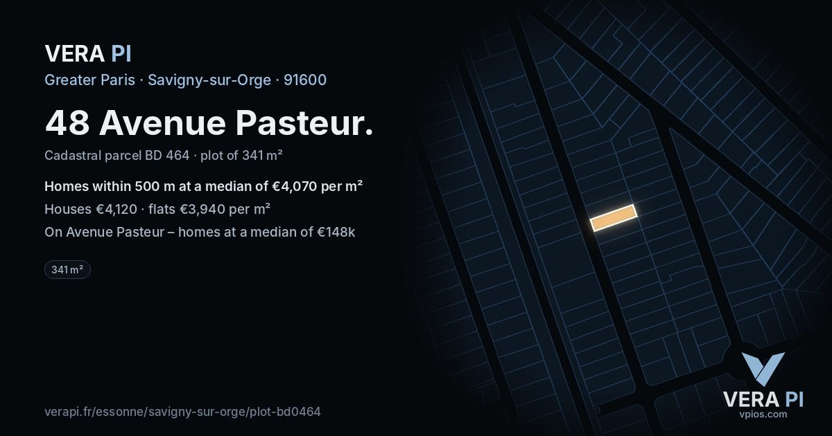 48 Avenue Pasteur, Savigny-sur-Orge at night – the plot lit, the parcels around coloured by the prices near them