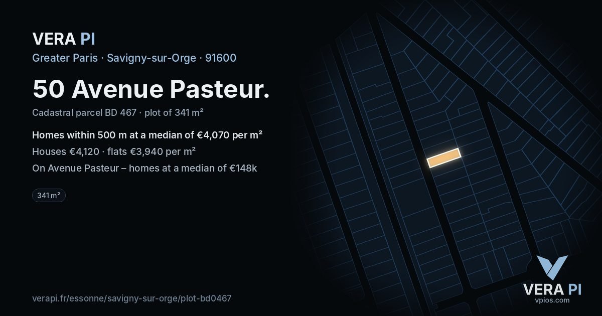 50 Avenue Pasteur, Savigny-sur-Orge at night – the plot lit, the parcels around coloured by the prices near them