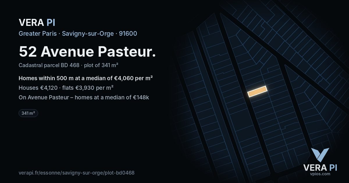 52 Avenue Pasteur, Savigny-sur-Orge at night – the plot lit, the parcels around coloured by the prices near them