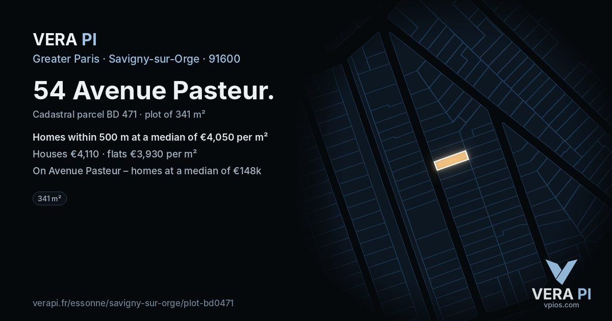 54 Avenue Pasteur, Savigny-sur-Orge at night – the plot lit, the parcels around coloured by the prices near them