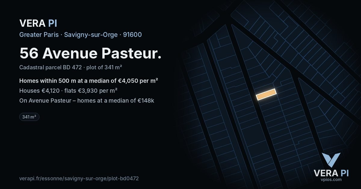 56 Avenue Pasteur, Savigny-sur-Orge at night – the plot lit, the parcels around coloured by the prices near them