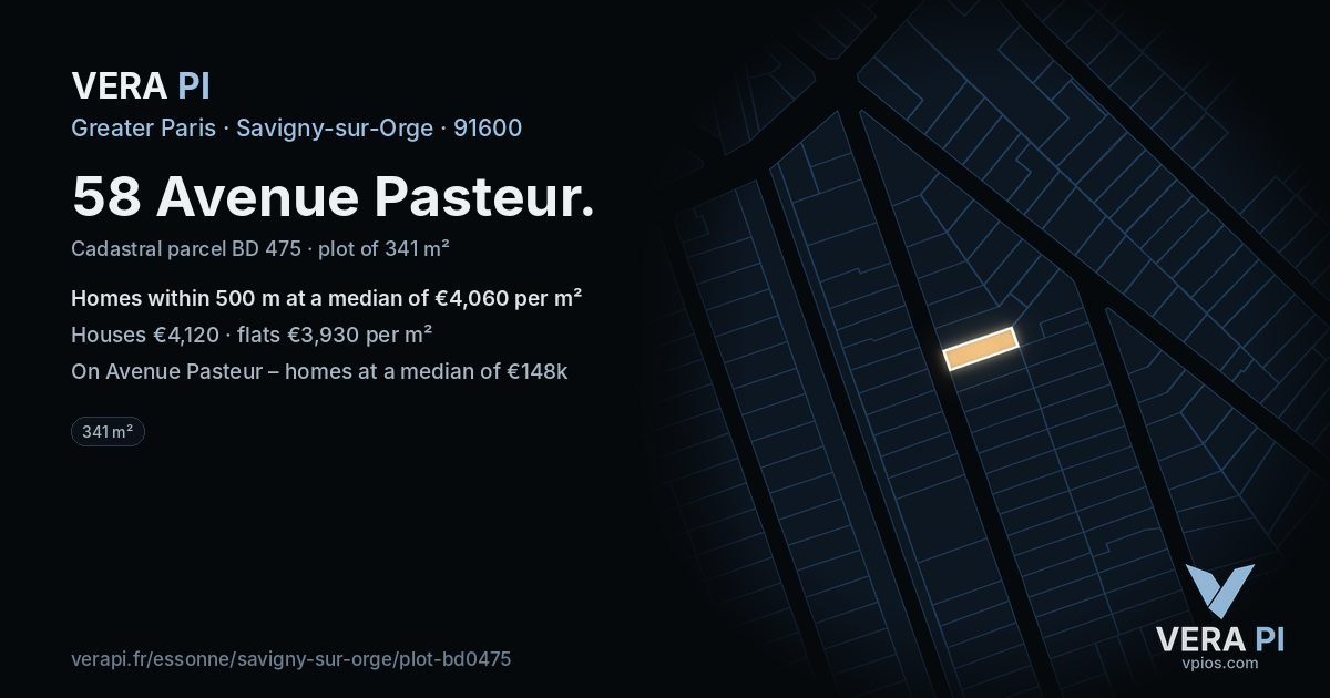 58 Avenue Pasteur, Savigny-sur-Orge at night – the plot lit, the parcels around coloured by the prices near them