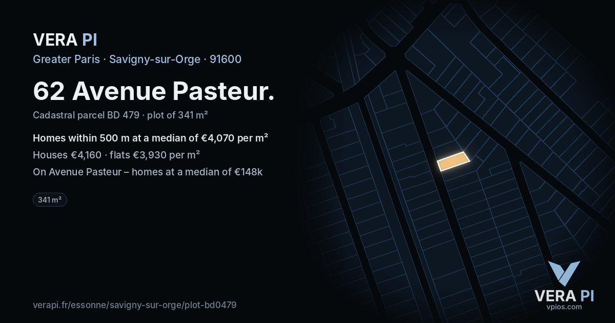 62 Avenue Pasteur, Savigny-sur-Orge at night – the plot lit, the parcels around coloured by the prices near them