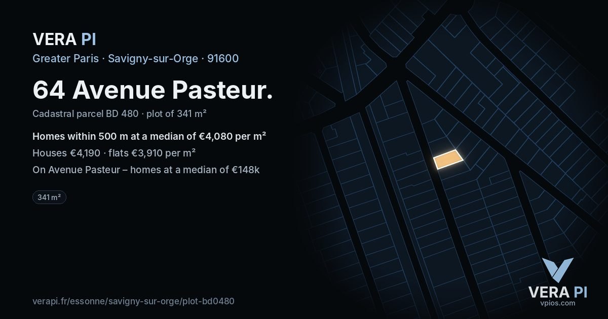 64 Avenue Pasteur, Savigny-sur-Orge at night – the plot lit, the parcels around coloured by the prices near them