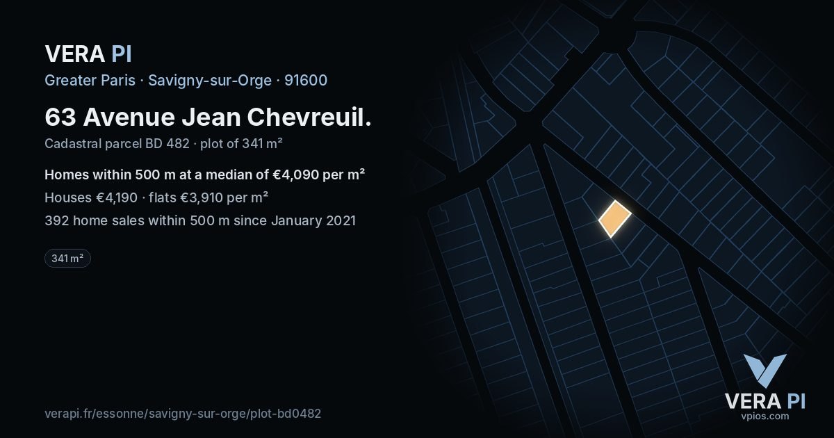63 Avenue Jean Chevreuil, Savigny-sur-Orge at night – the plot lit, the parcels around coloured by the prices near them