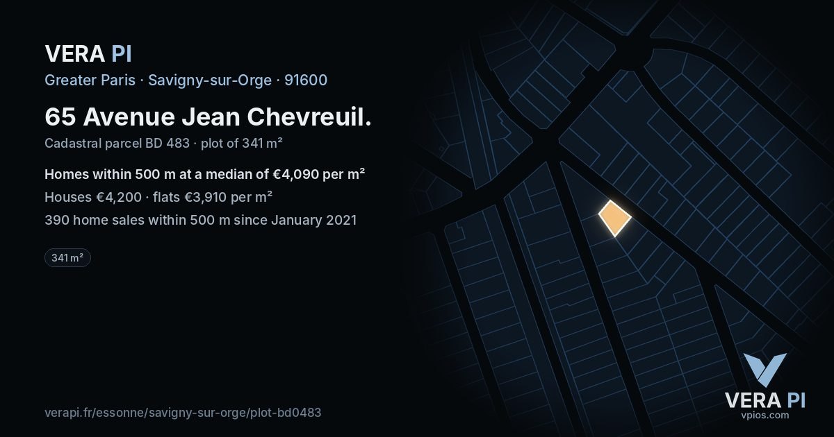 65 Avenue Jean Chevreuil, Savigny-sur-Orge at night – the plot lit, the parcels around coloured by the prices near them