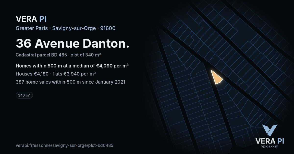 36 Avenue Danton, Savigny-sur-Orge at night – the plot lit, the parcels around coloured by the prices near them