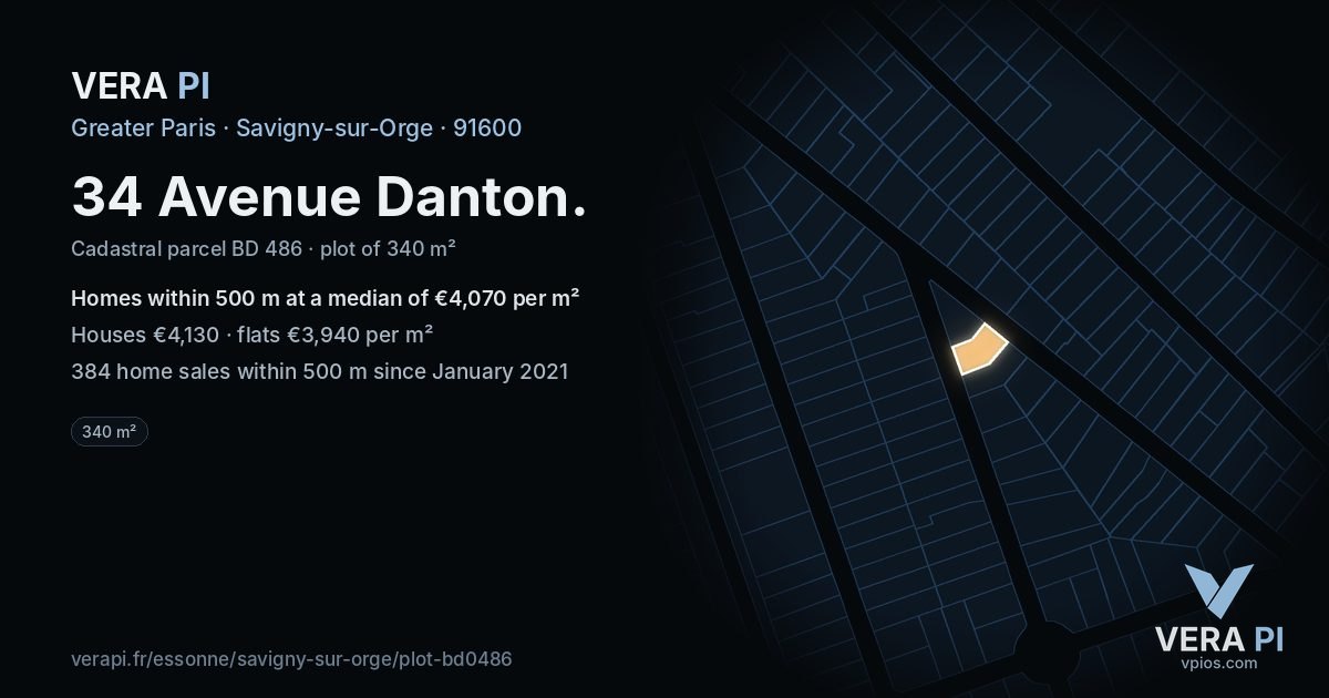 34 Avenue Danton, Savigny-sur-Orge at night – the plot lit, the parcels around coloured by the prices near them